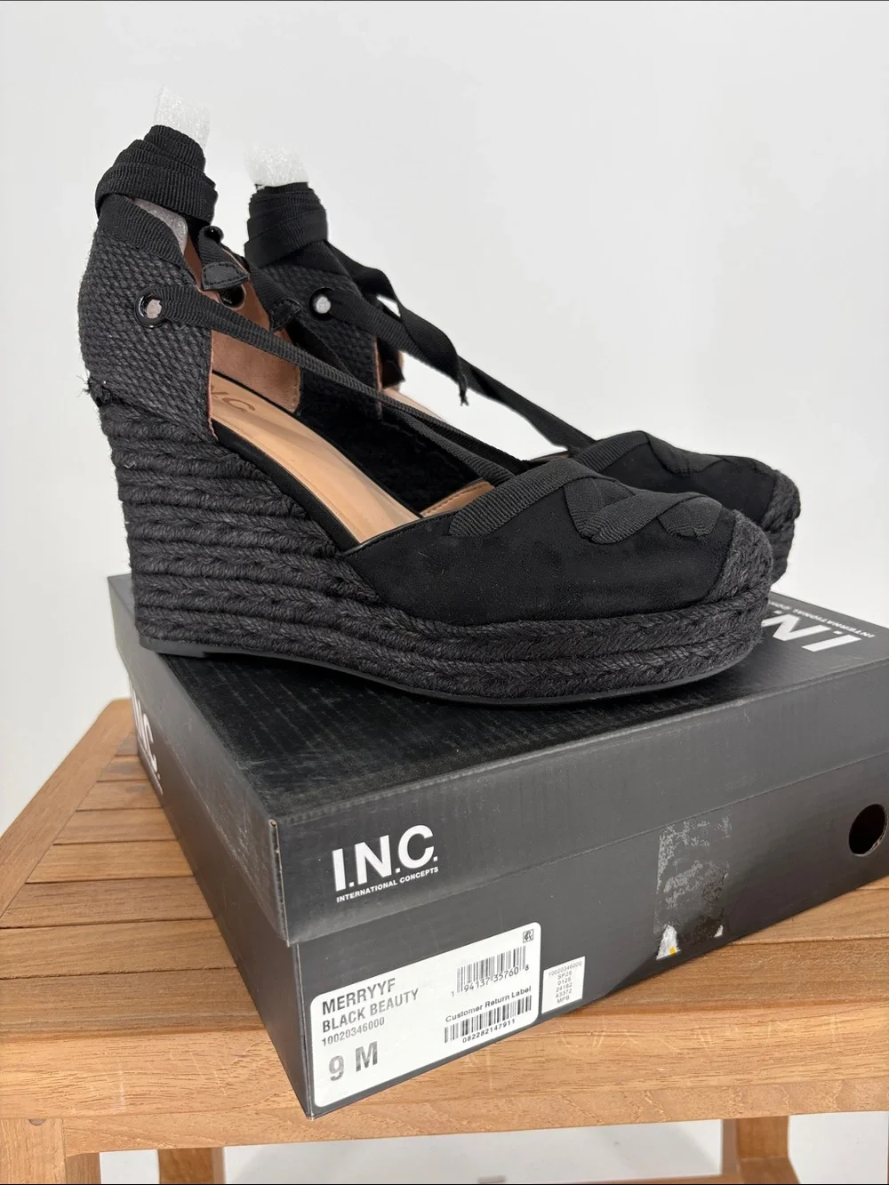 New Women’s INC International Concepts Black Lace-Up Wedge Espadrille size 9M